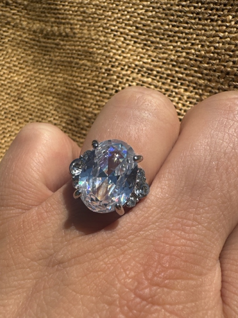 Sparkling Clear Oval Crystal Ring in Silver Size 6